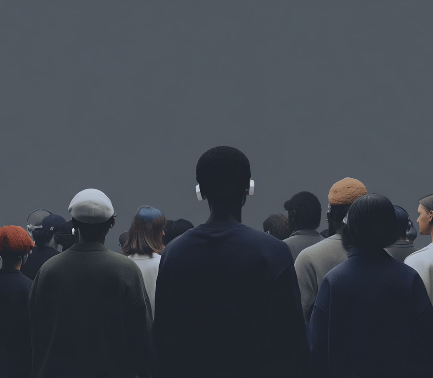 A group of people standing in front of a gray wall.