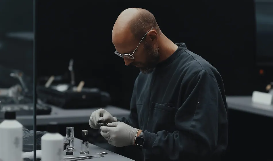 A man in a black shirt and glasses working on something.