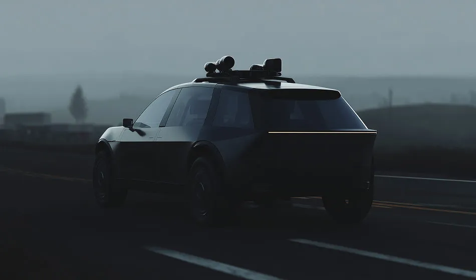 A car with a surfboard on top of it driving down the road.